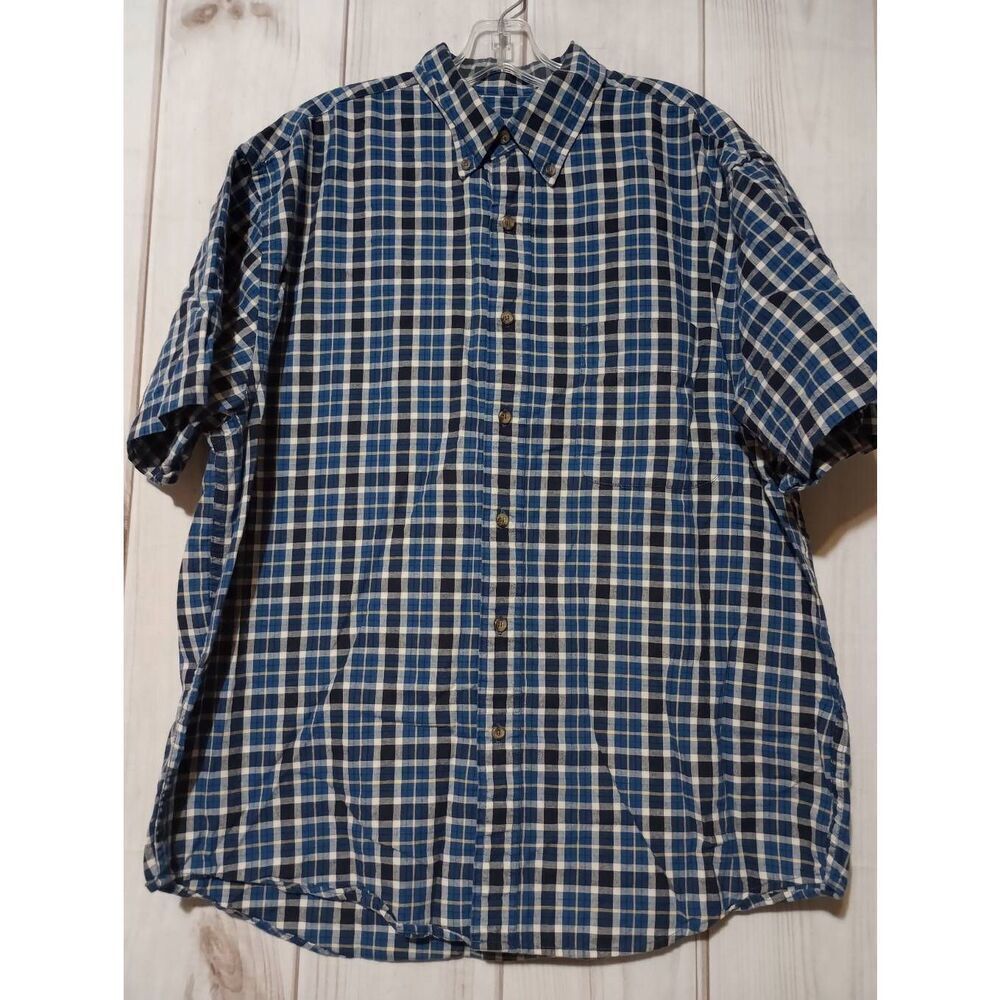 Eddie Bauer Shirt Men's Large Navy Blue Plaid Button Front Short Sleeve